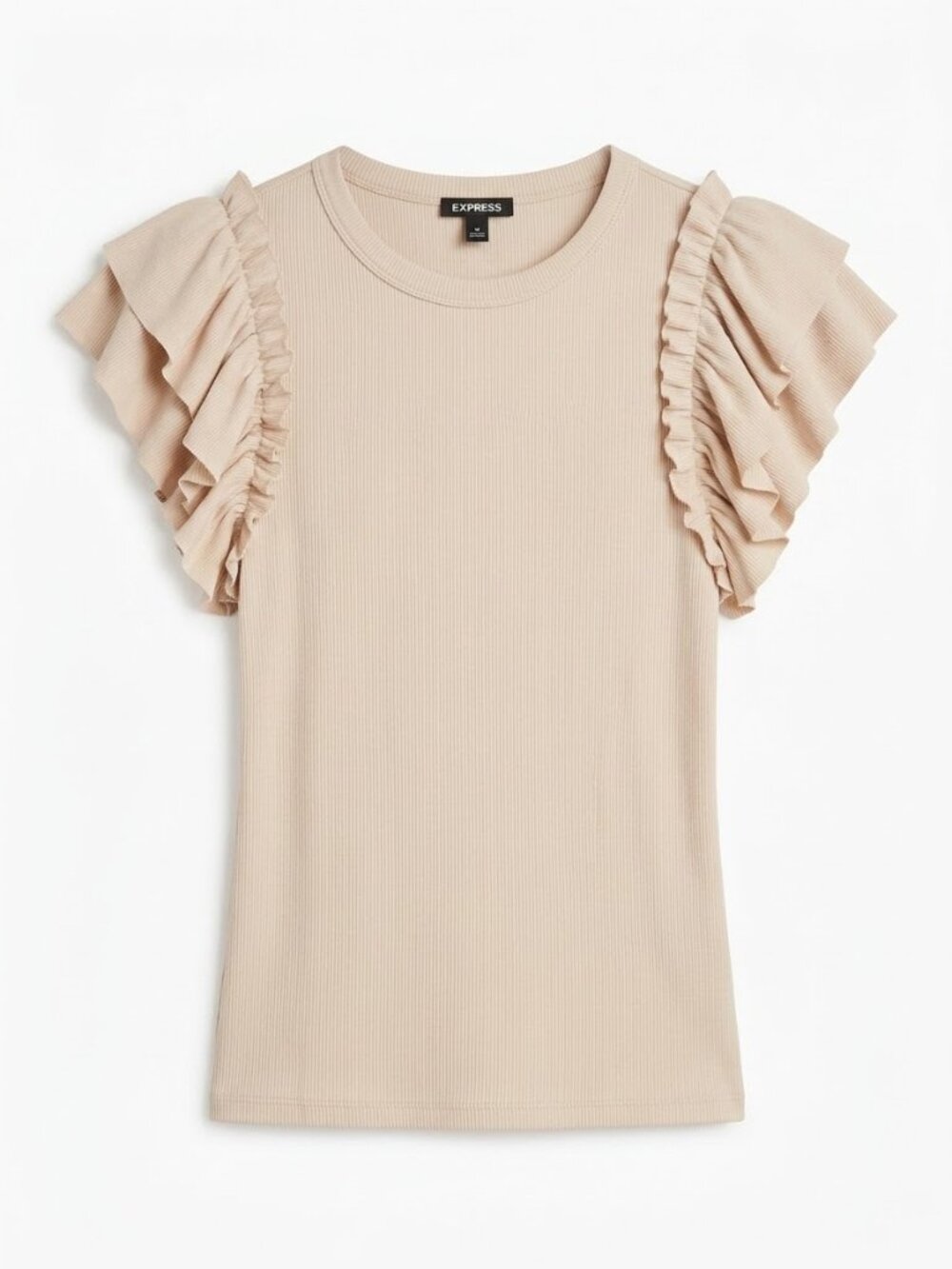 Express Cream Ribbed Ruffle Flutter Sleeve Tee XS
